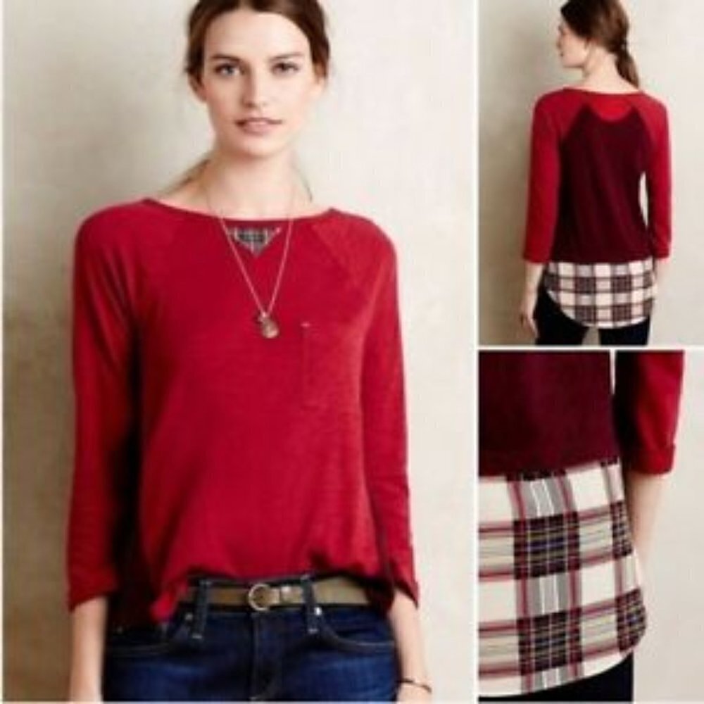 Little Yellow Button Anthro Plaid Backstory Tee S